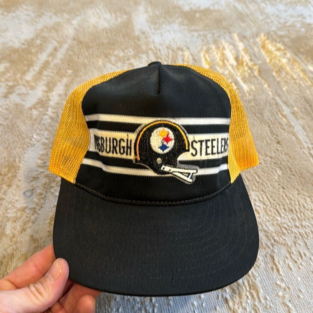 Pittsburgh Steelers Football Vintage AJD Superstripe Snapback Trucker Hat 80s